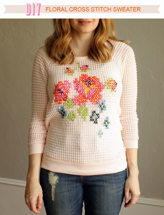 \"diy-floral-cross-stitch-sweater-modern-primary-embroidery-flower-pink-project-tutorial-refashion-for-less-cheap\"